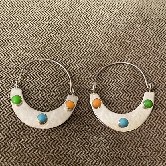 Mexico Sterling Silver Enamel Hoop Earrings - Picture 1 of 7